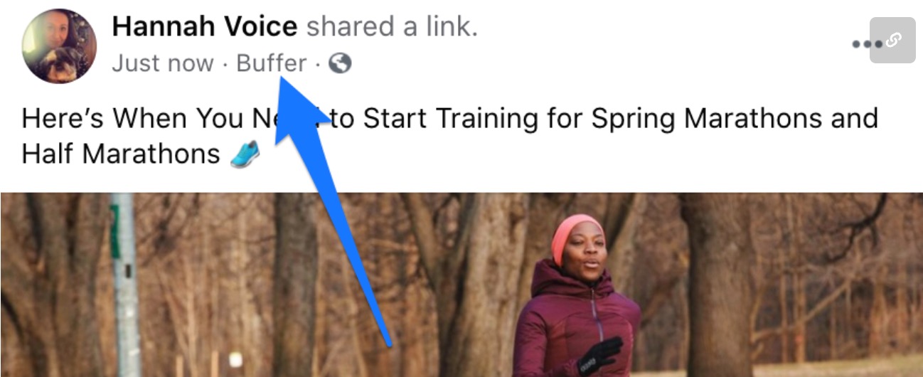 Facebook group post with Buffer shown next to the timestamp