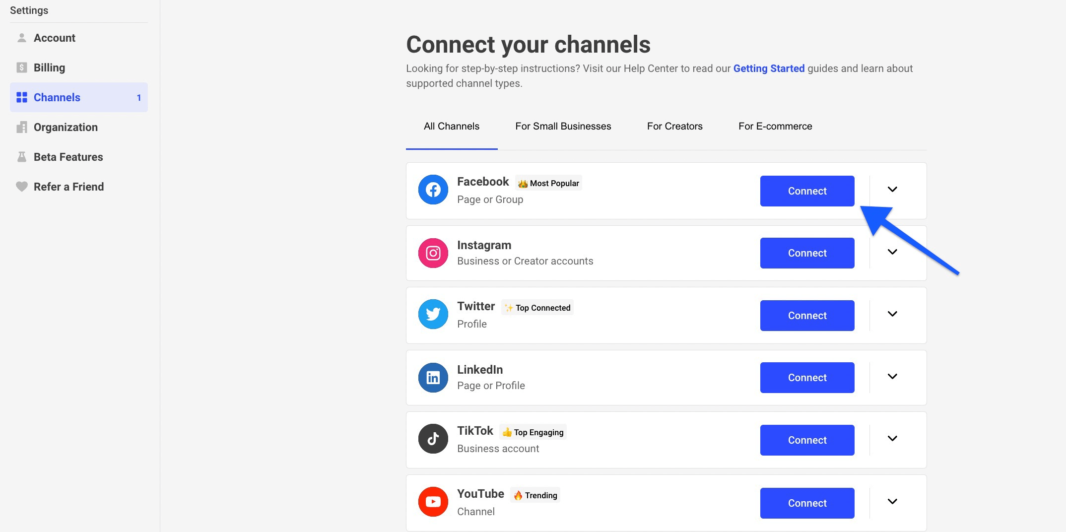 Connect your channels screen in Buffer