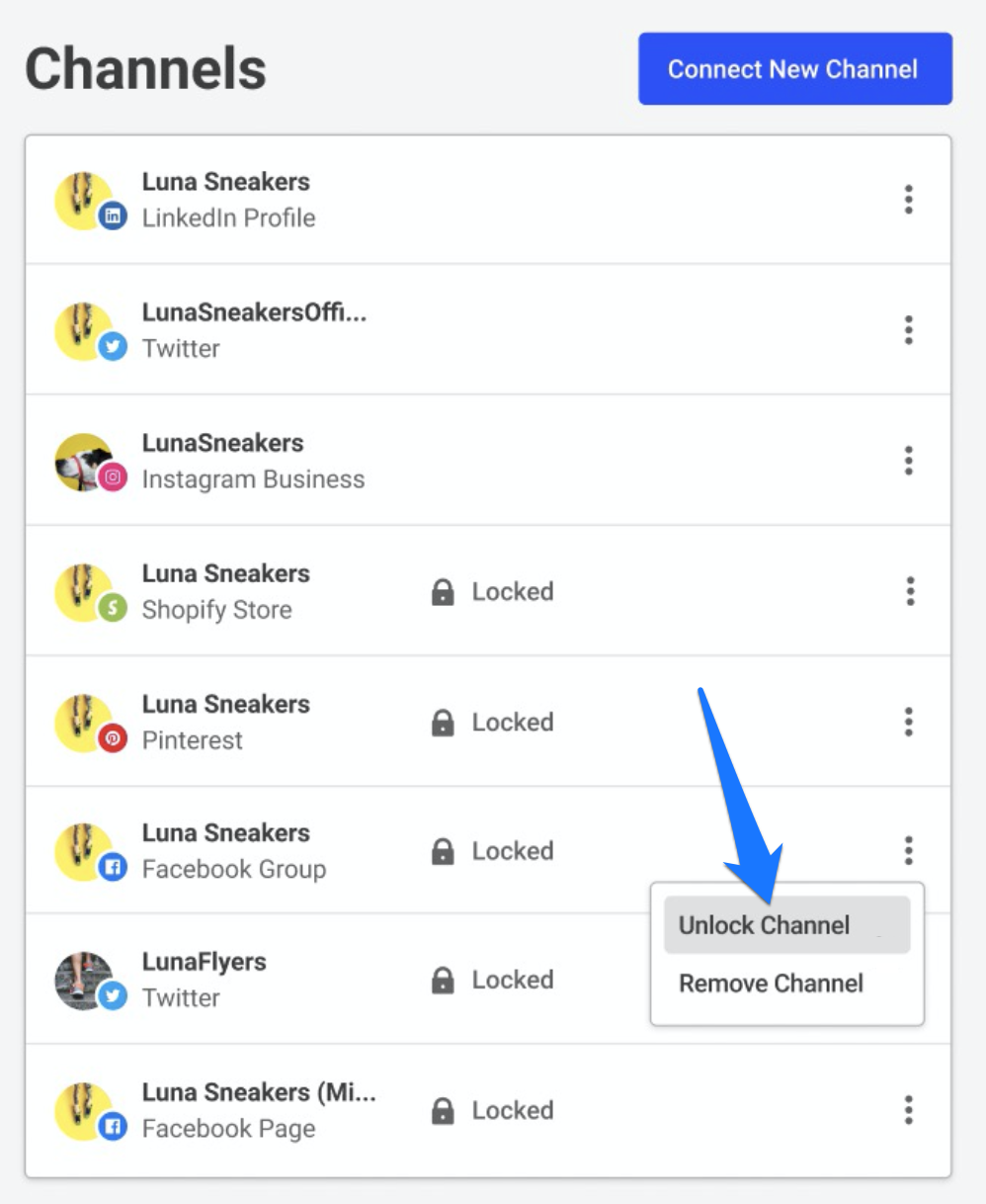 Buffer - locked channel dropdown with options Unlock Channel or Remove Channel