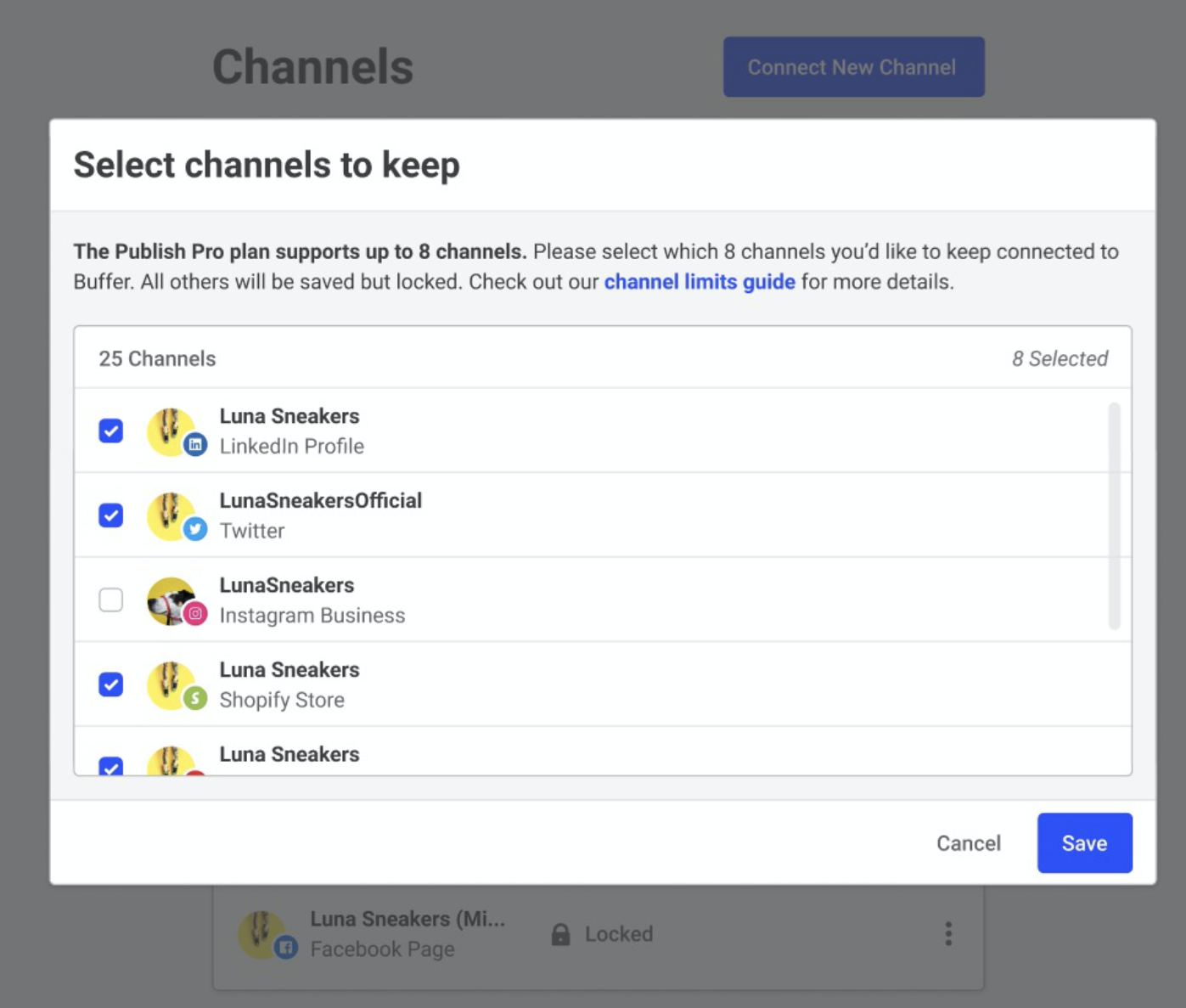 Select channels to keep pop-up with 4 channels selected