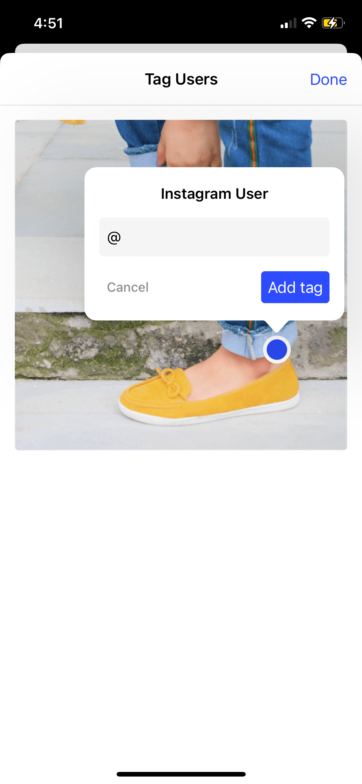 Buffer mobile app Instagram image tag screen above an image of yellow loafers and jeans