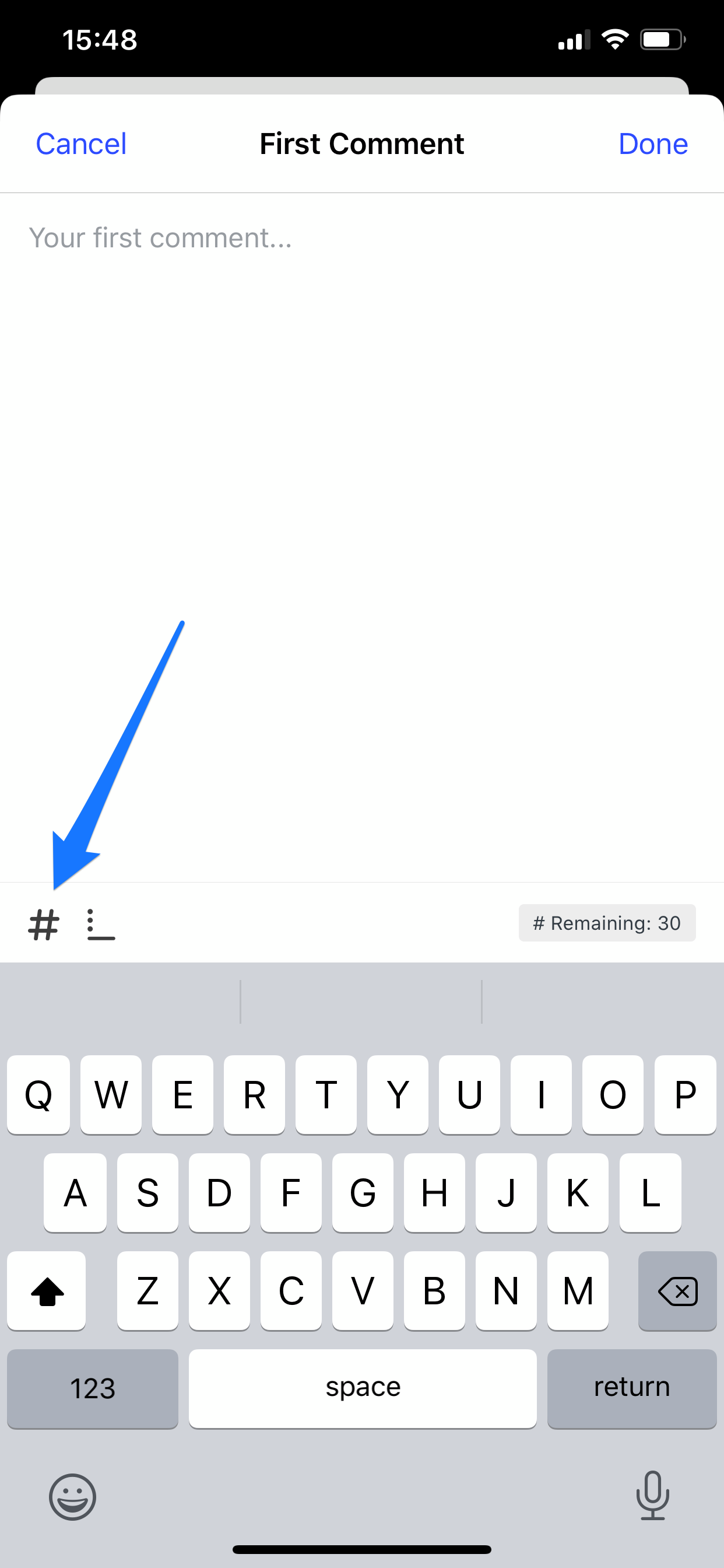 Arrow pointing to the # symbol in the Buffer mobile app composer