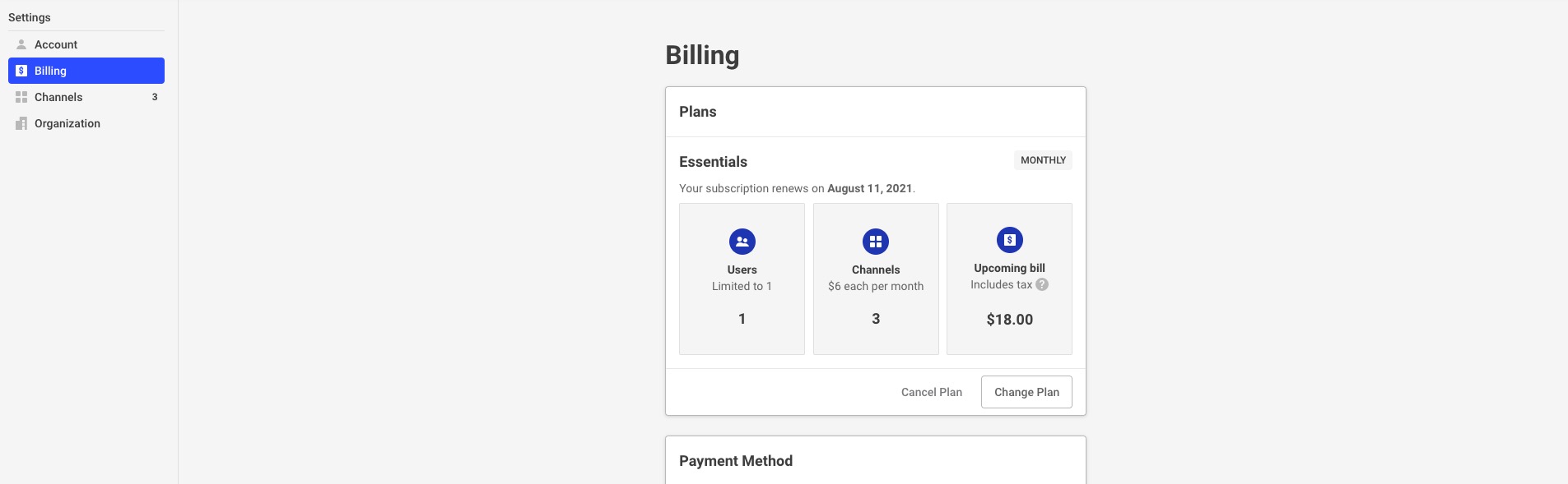 Buffer Account Settings - Billing Screen