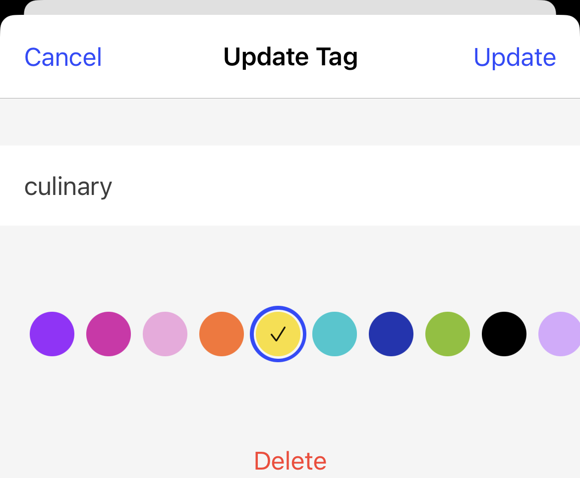 Options to update tag name, tag color, or delete a tag