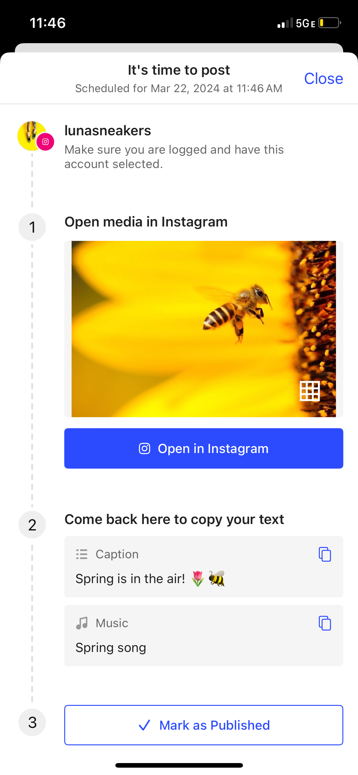 Opened Instagram notification in the Buffer mobile app with Sticker fields and copy options