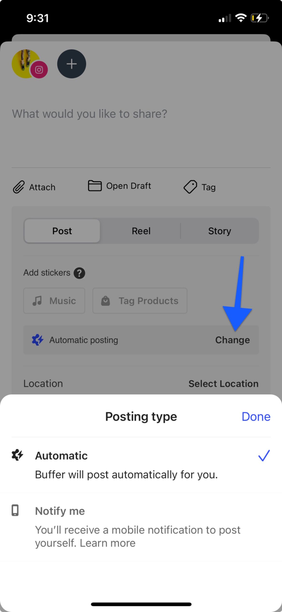 Change Instagram post type on Buffer mobile app