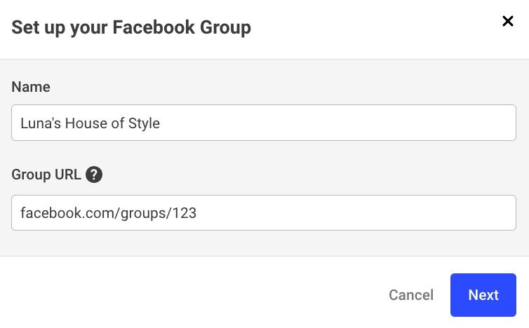 Set up your Facebook Group Name and Group URL fields