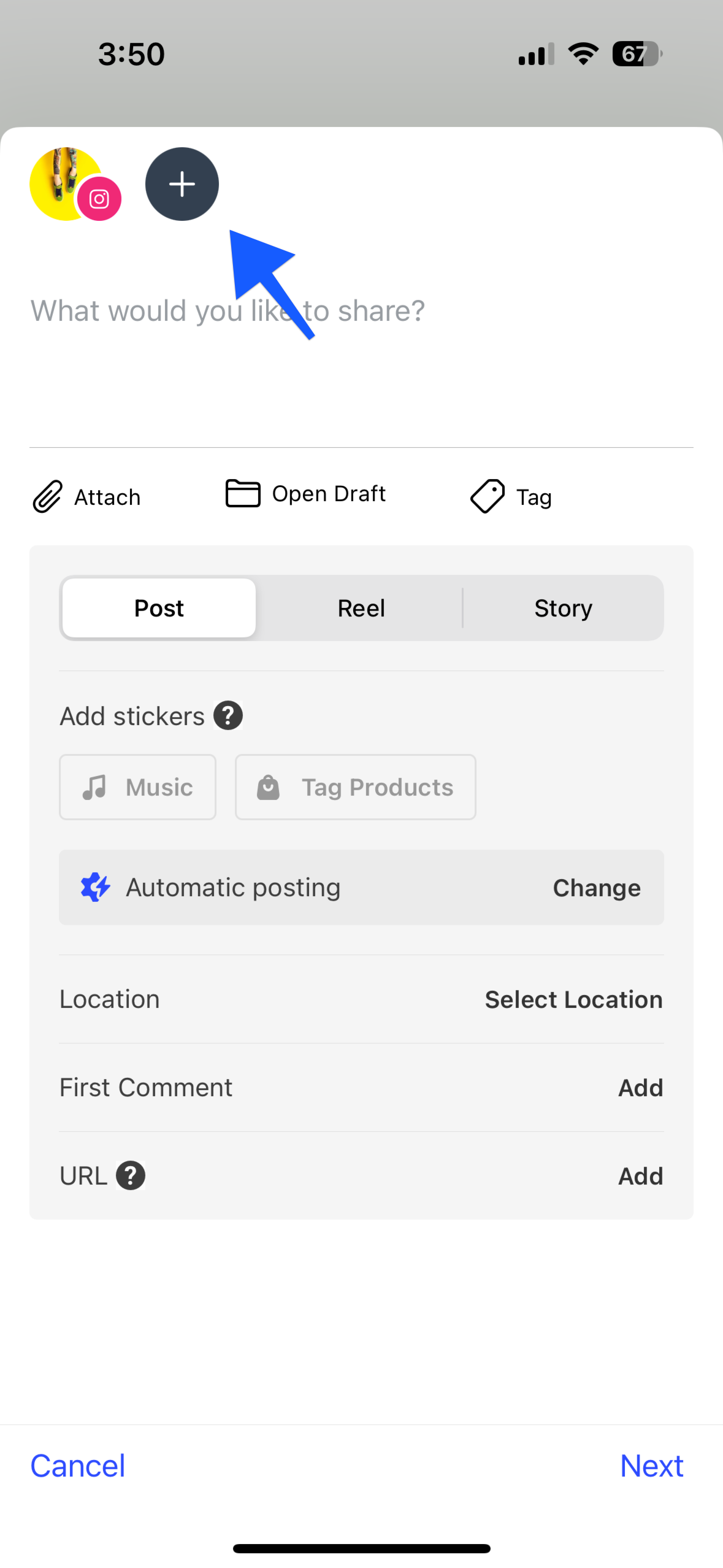 Tap the + sign to add more social networks on mobile composer