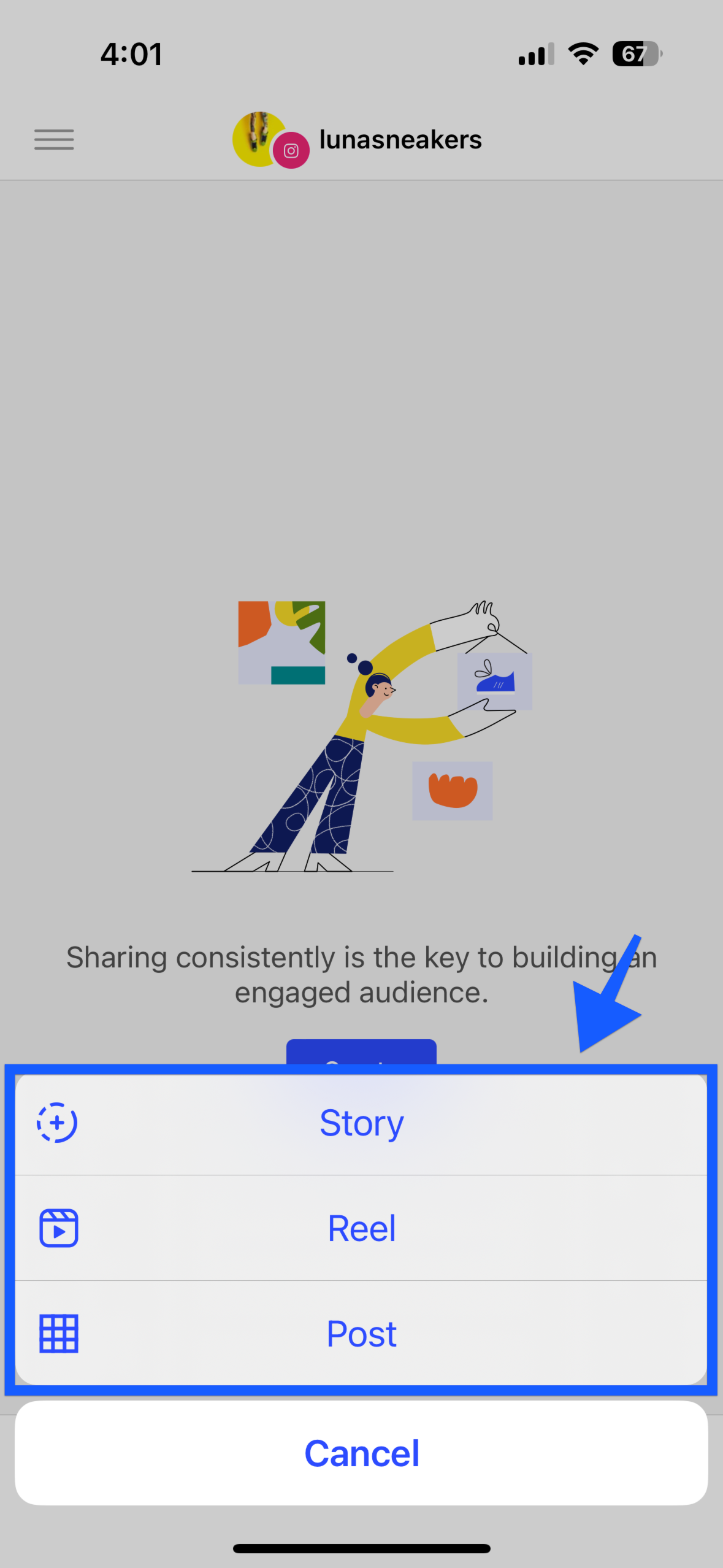 Select Story, Reel, or Post on the mobile app