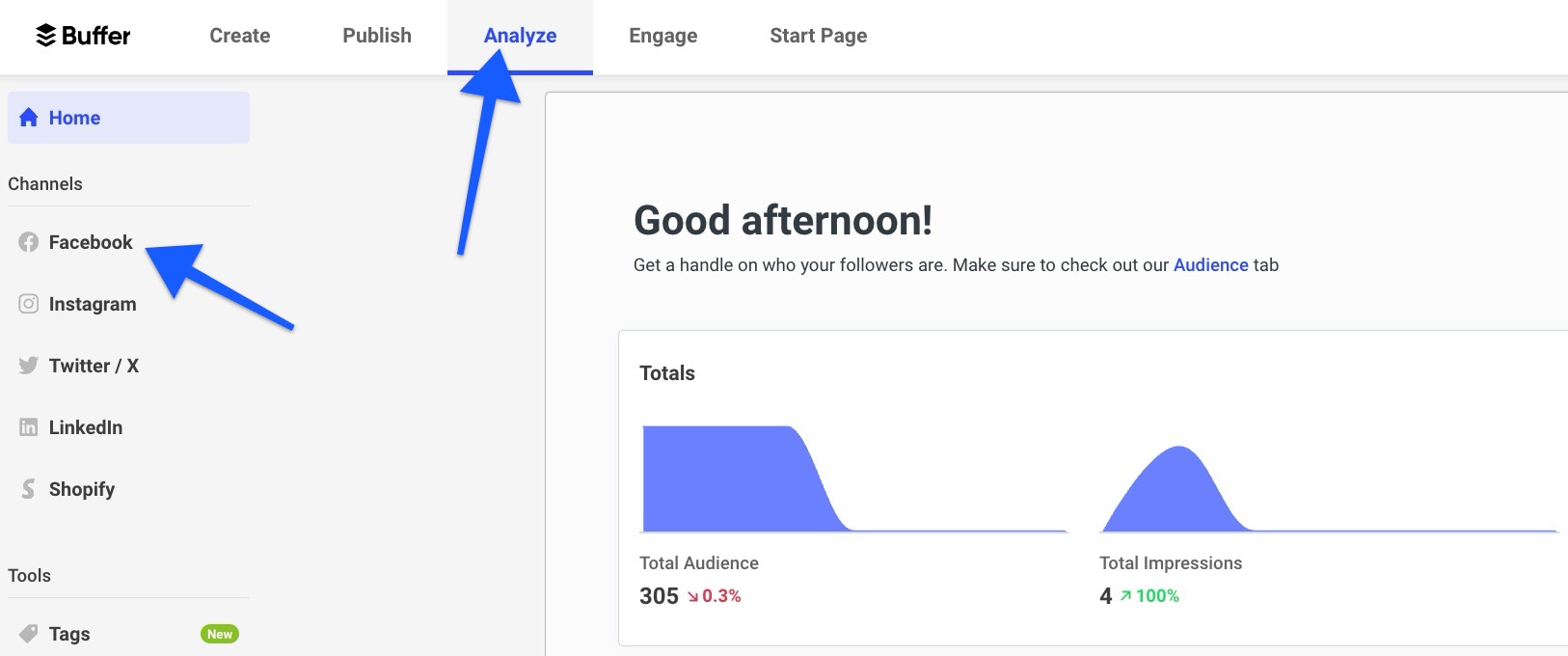 Buffer Analyze Overview report - arrows pointing to Analyze and Facebook