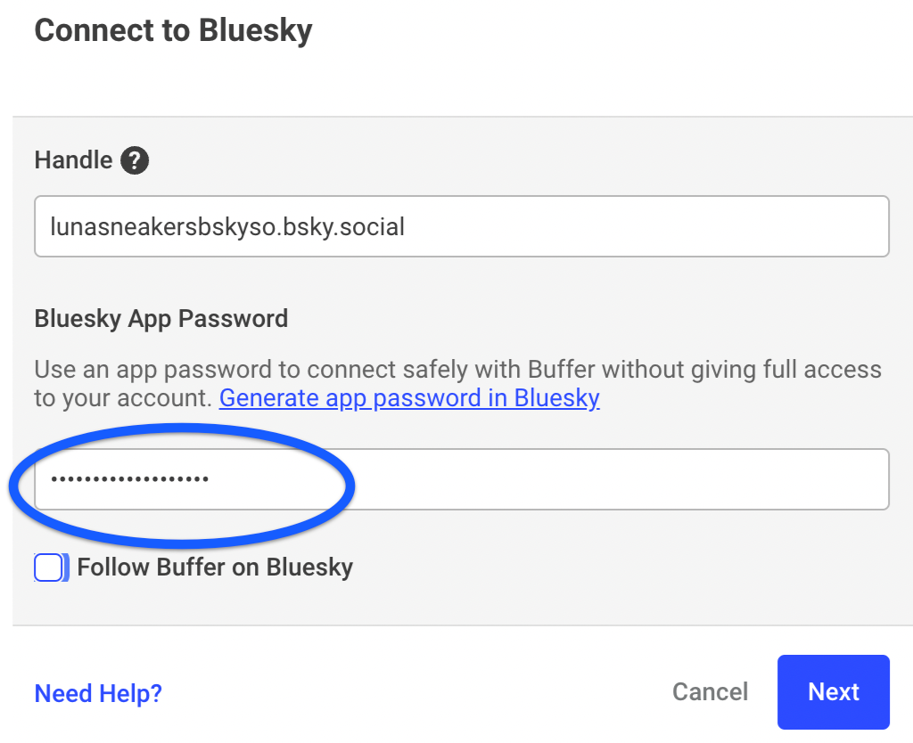 Paste your new password into the password field in your Buffer tab and click Next to connect Bluesky