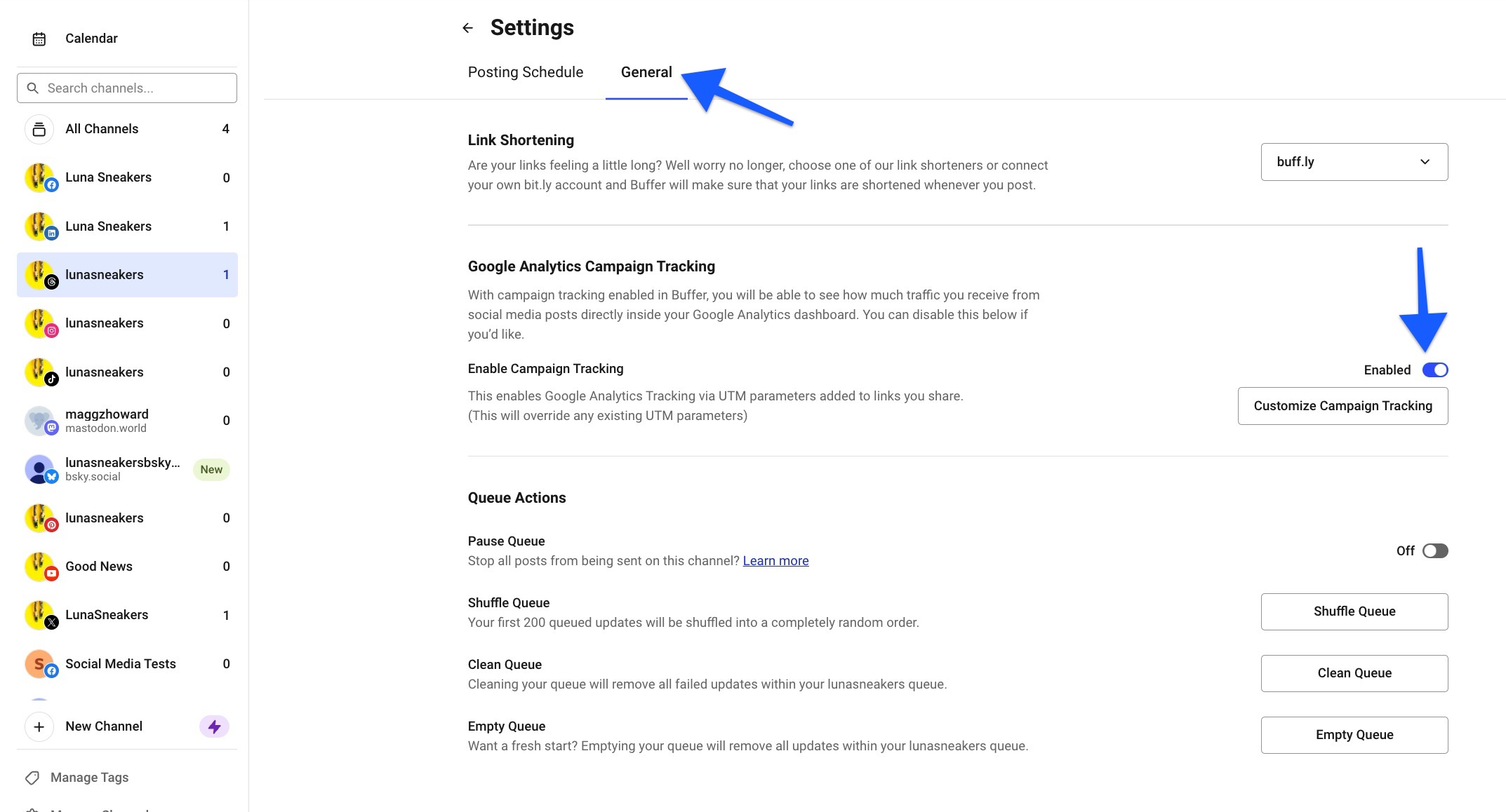 General settings screen with arrow pointing to Google Analytics Campaign Tracking Enabled