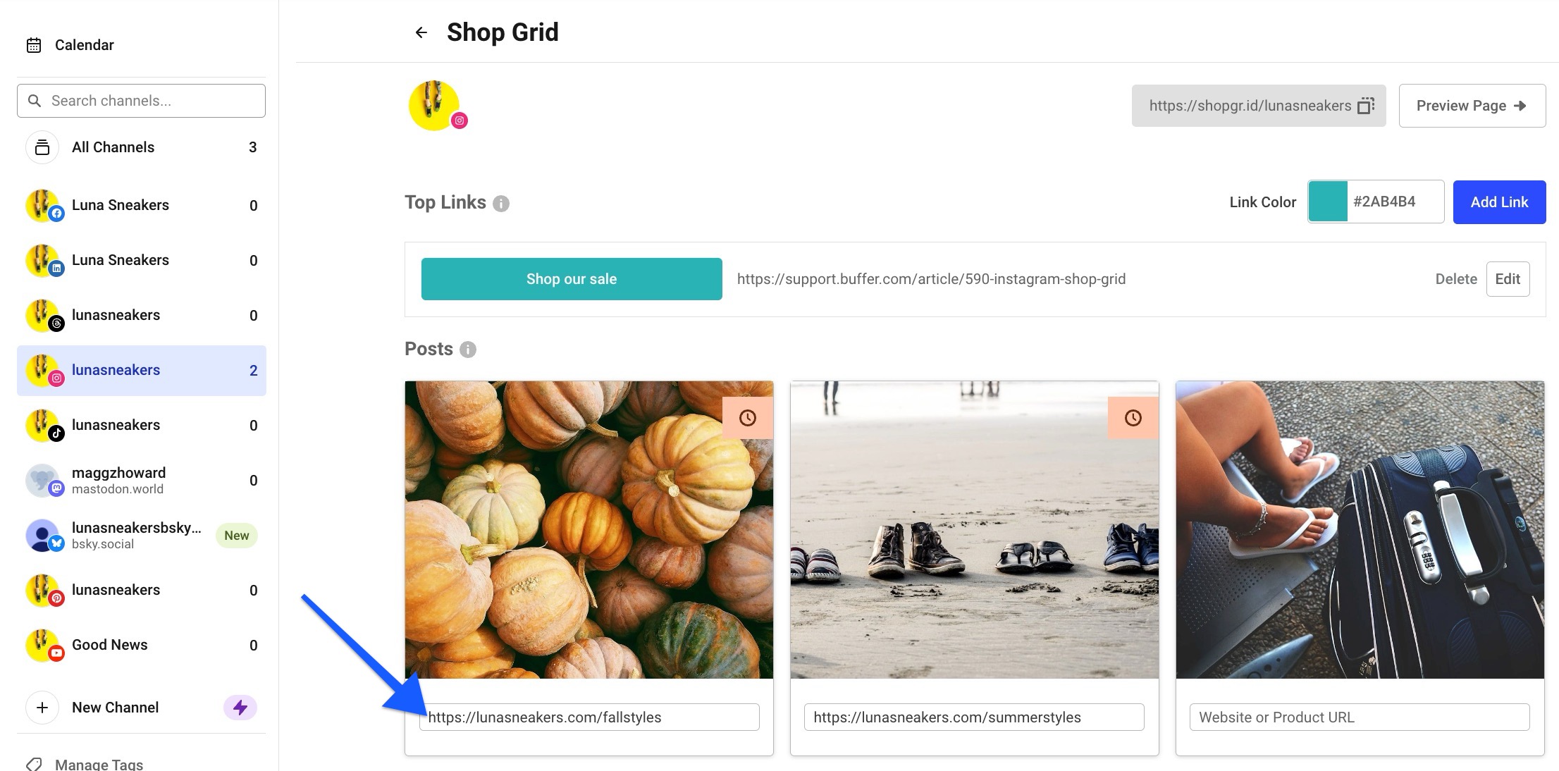 Arrow pointing to Shop Grid URL in Buffer Publish