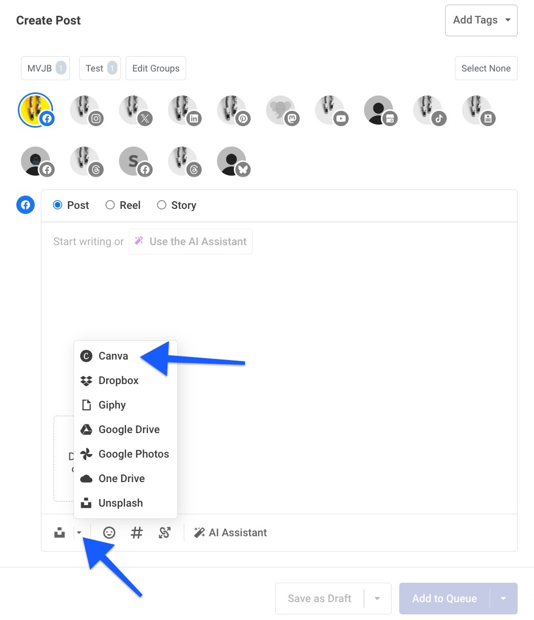 Arrows pointing to Canva integration in the Buffer composer