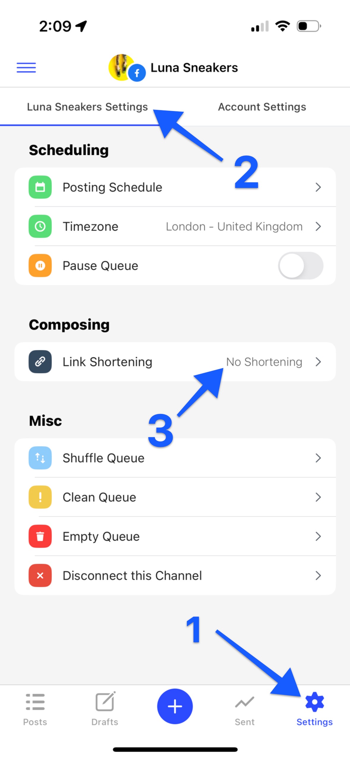 Tap the bottom right settings wheel first, then make sure you're in the correct channel under the channel settings in the top left tab, then tap on link shortening and select 