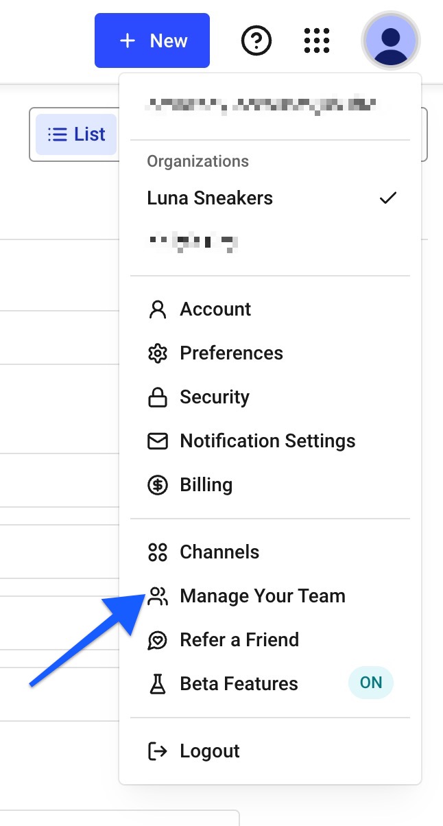 Profile icon menu - arrow pointing to Manage Your Team