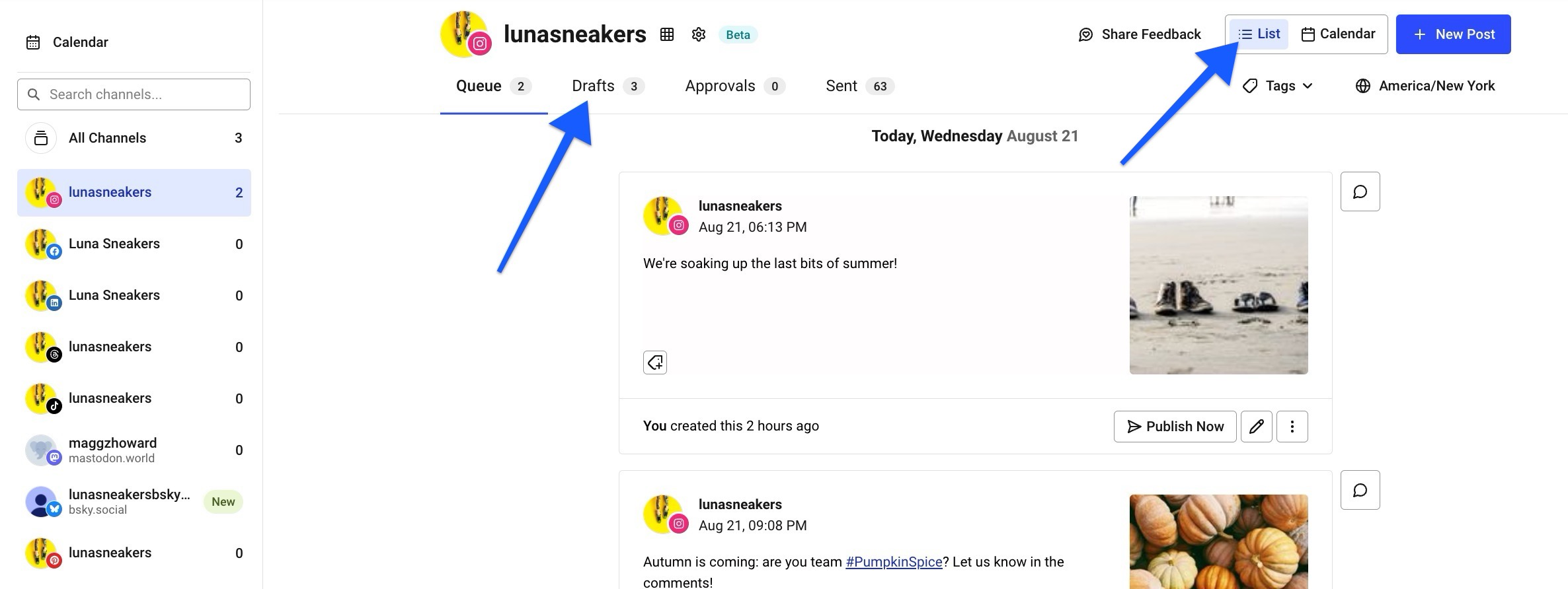 Arrows pointing to the List view and Drafts tab within Buffer Publish