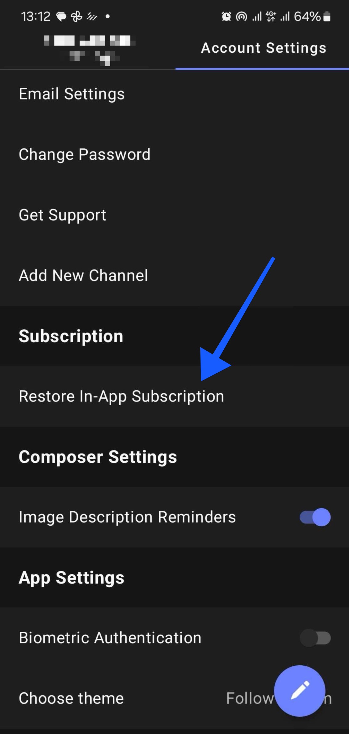 Buffer Android app Restore In-App Subscription option