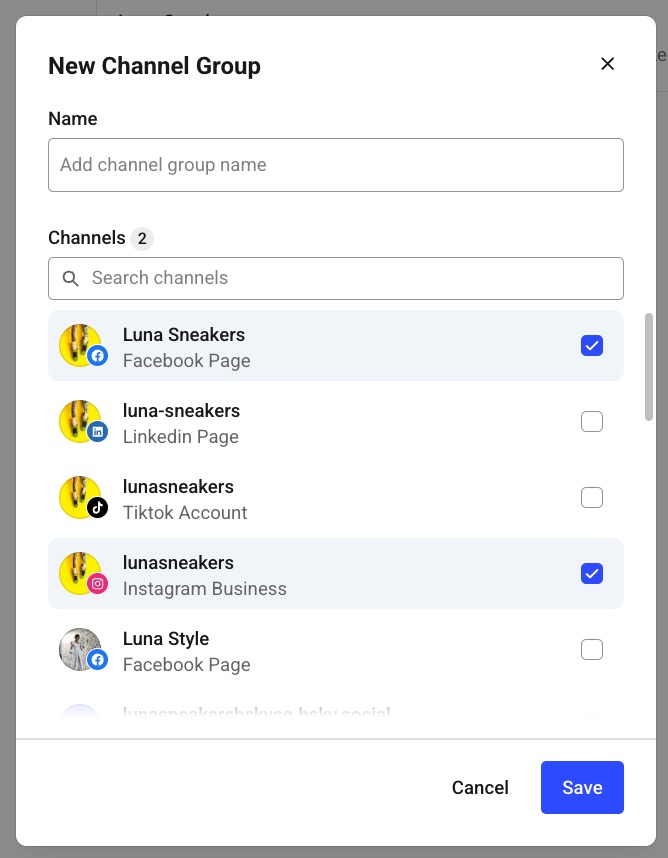 Screenshot of a 'New Channel Group' setup screen showing a list of social media channels to select. Two channels are checked: a Facebook Page named 'Luna Sneakers' and an Instagram Business account also named 'lunasneakers'. The user can add a group name and click 'Save' or 'Cancel'.