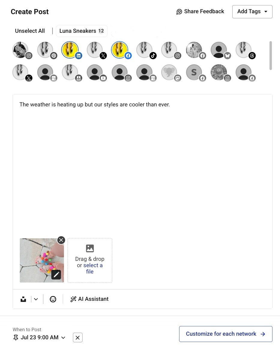 Image of the Buffer composer with a LinkedIn and Facebook channel connected and an image of colorful sandals uploaded into the post
