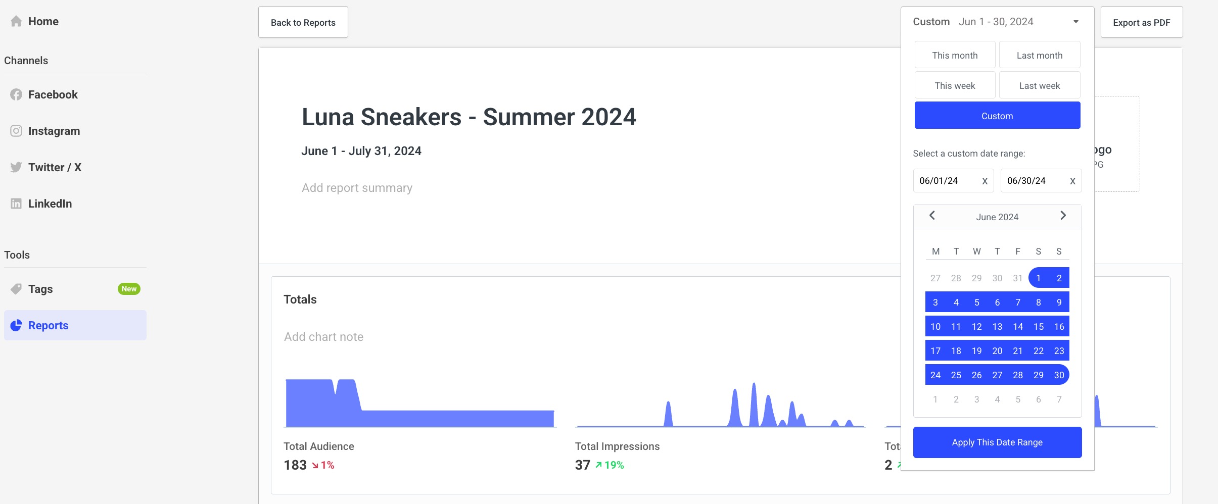 Buffer Analyze report with custom date range selector open and month of June 2024 selected