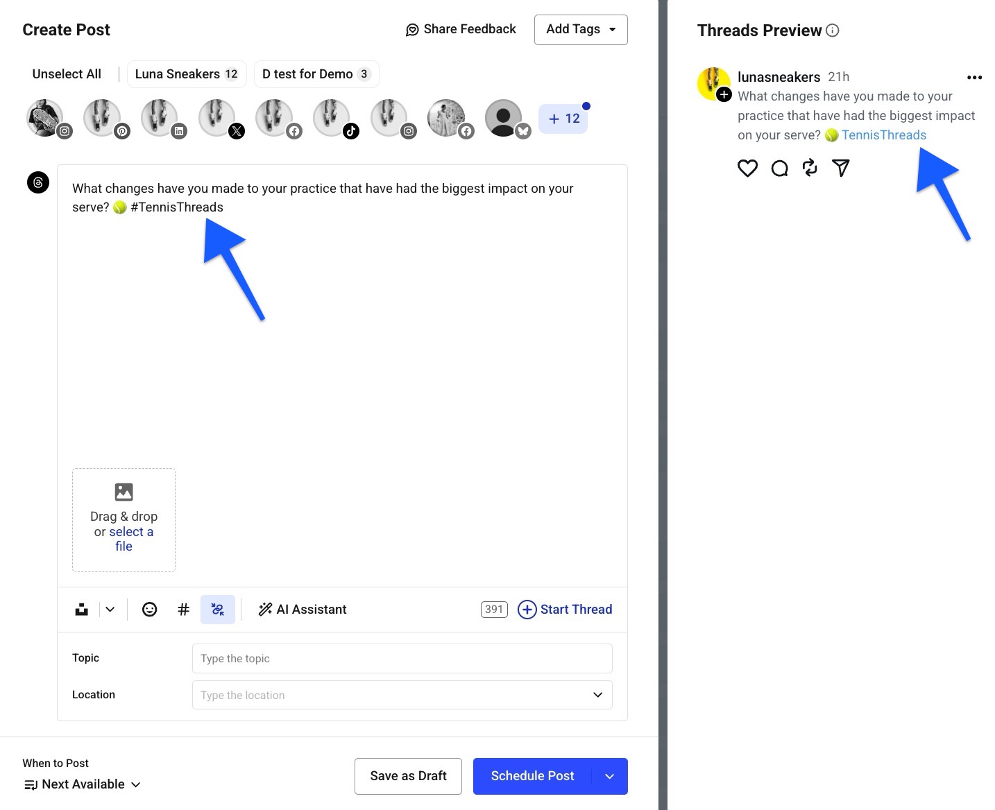 Image of Buffer composer with an inline topic (#TennisThreads) added to the post. Arrows pointing to the hashtag in the post and in the post preview.