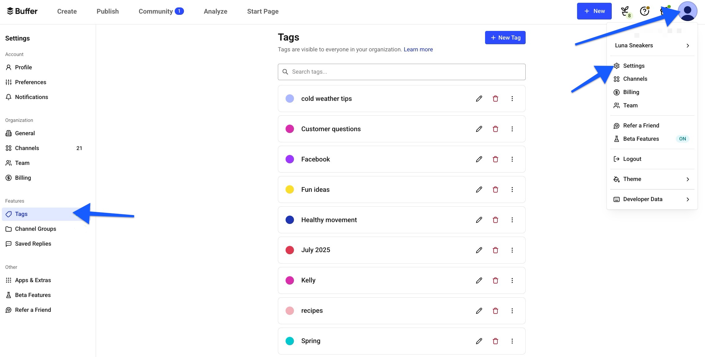 List of Tags within Buffer Settings