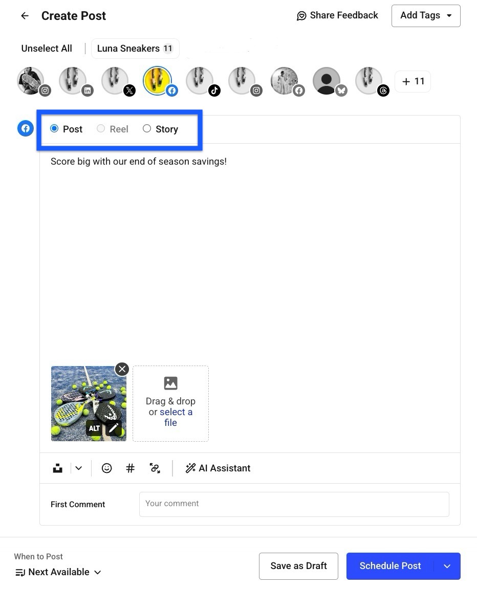 Image of the Buffer composer with a Facebook post selected and an image of padel rackets and padel balls uploaded