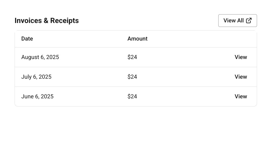 screenshot of the Invoices & Receipts section of the Buffer Billing area