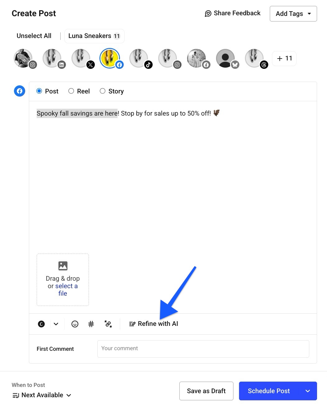 Buffer's Composer screen with a Facebook post draft and a blue arrow pointing to the 