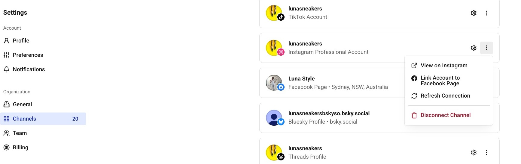 Channel connections - Link Account to Facebook Page - Instagram setting