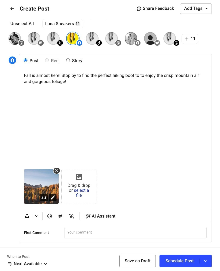 Alt text: Buffer composer with a Facebook post draft about fall hiking, including a photo of autumn trees and mountains, and scheduling options below.