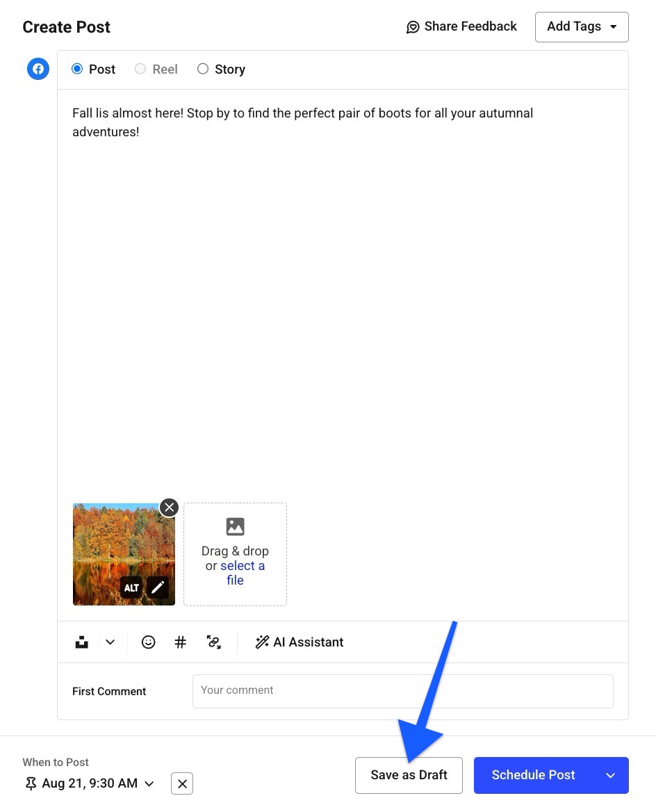 Alt text: Buffer composer with a scheduled Facebook post and an arrow pointing to the “Save as Draft” button. Date set to August 5, 4:45 PM.