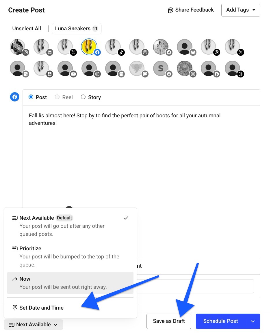 Alt text: Buffer composer showing a Facebook post draft with arrows pointing to “Schedule Post” and “Set Date and Time” in the posting options.