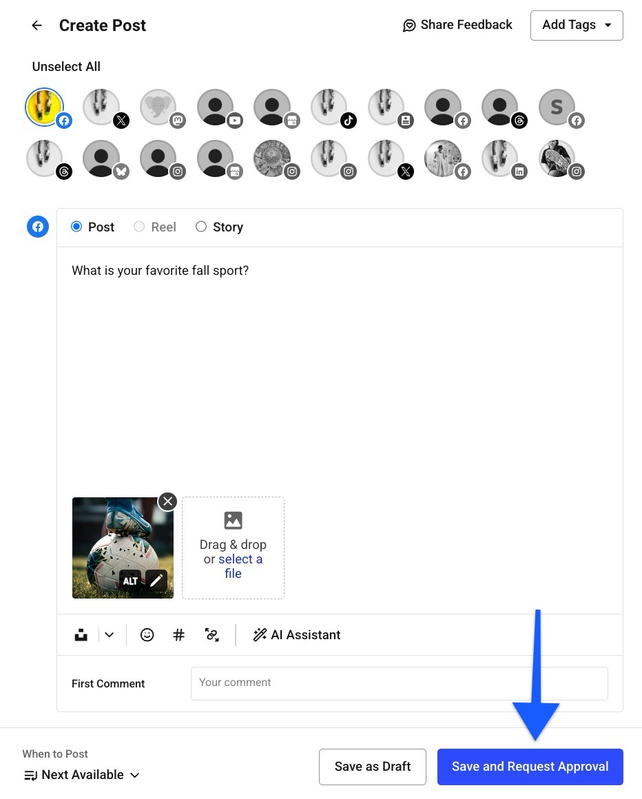 Alt text: Buffer composer with a Facebook post asking about favorite fall sports, and an arrow pointing to the “Save and Request Approval” button.