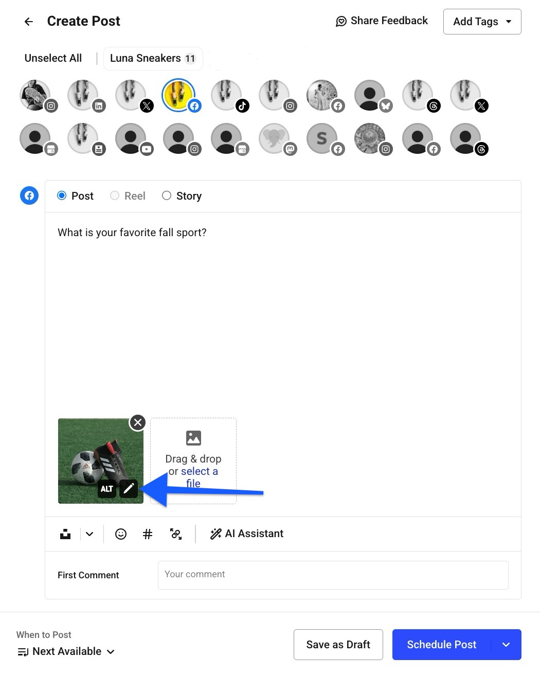 Alt text: Buffer composer with a Facebook post about fall sports and an arrow pointing to the image’s Edit button.