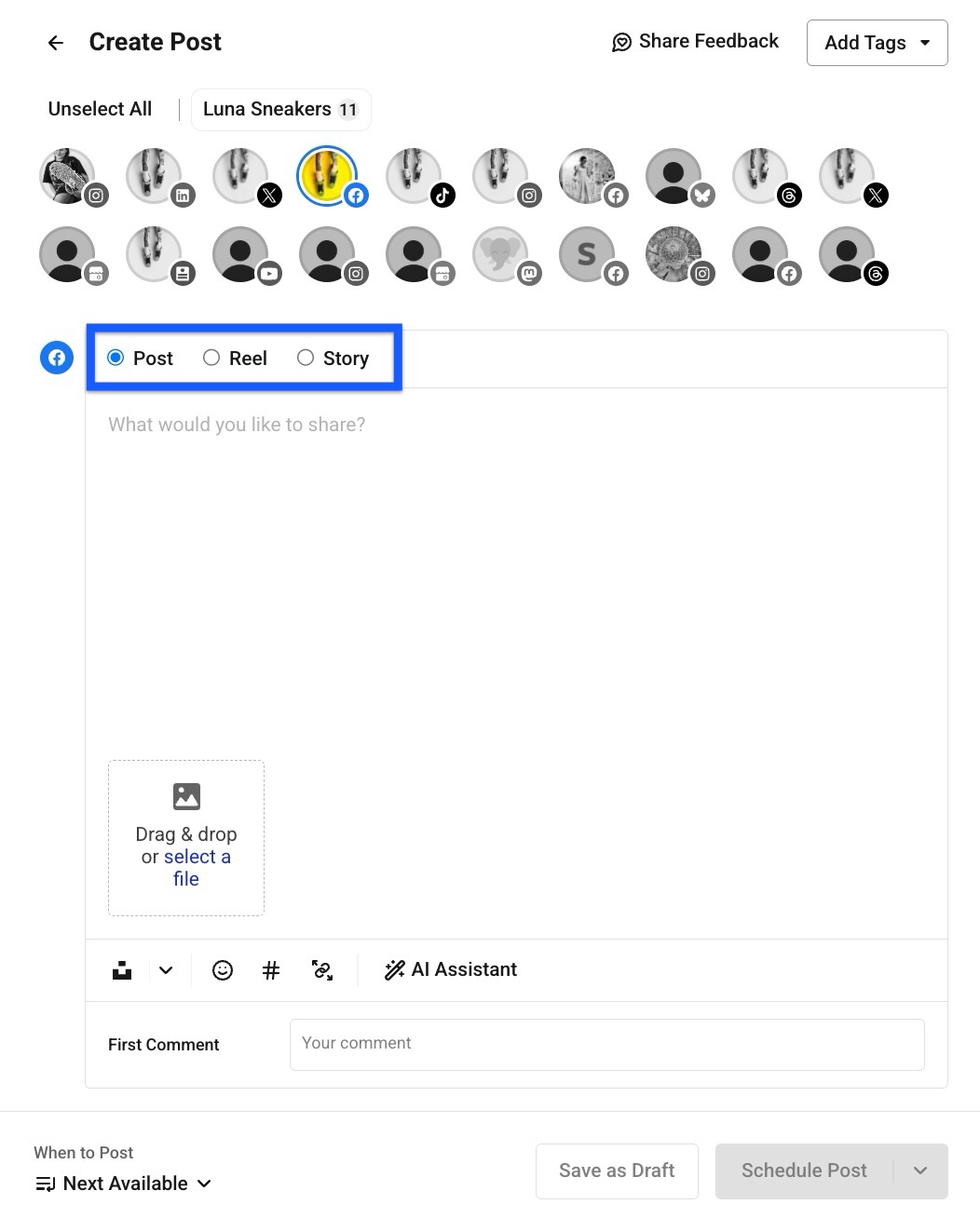 Alt text: Buffer composer with Facebook selected and “Post,” “Reel,” and “Story” options highlighted above an empty text field.