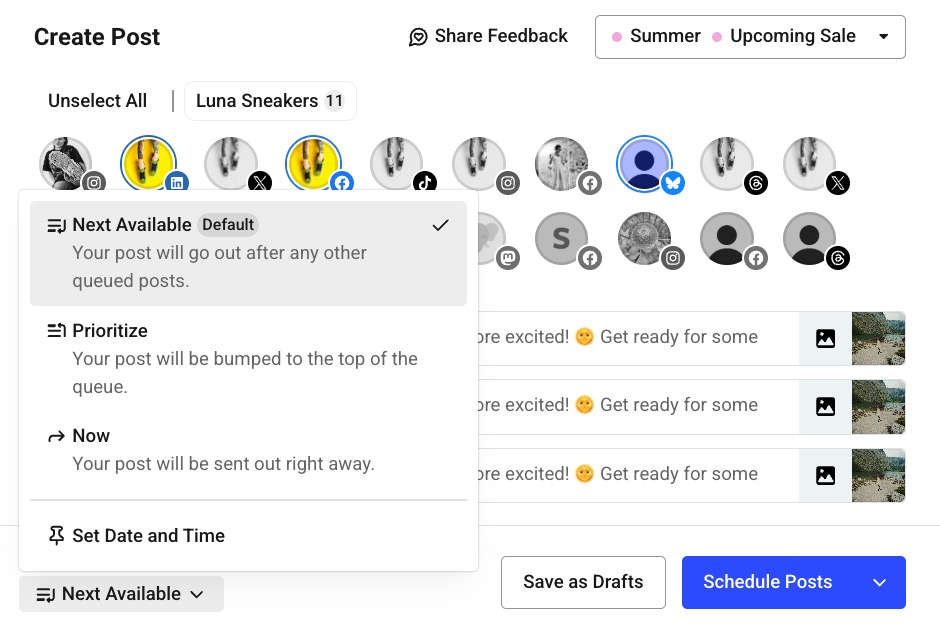 Alt text: Buffer post scheduler with dropdown options expanded, showing scheduling choices like “Next Available,” “Prioritize,” “Now,” and “Set Date and Time.”