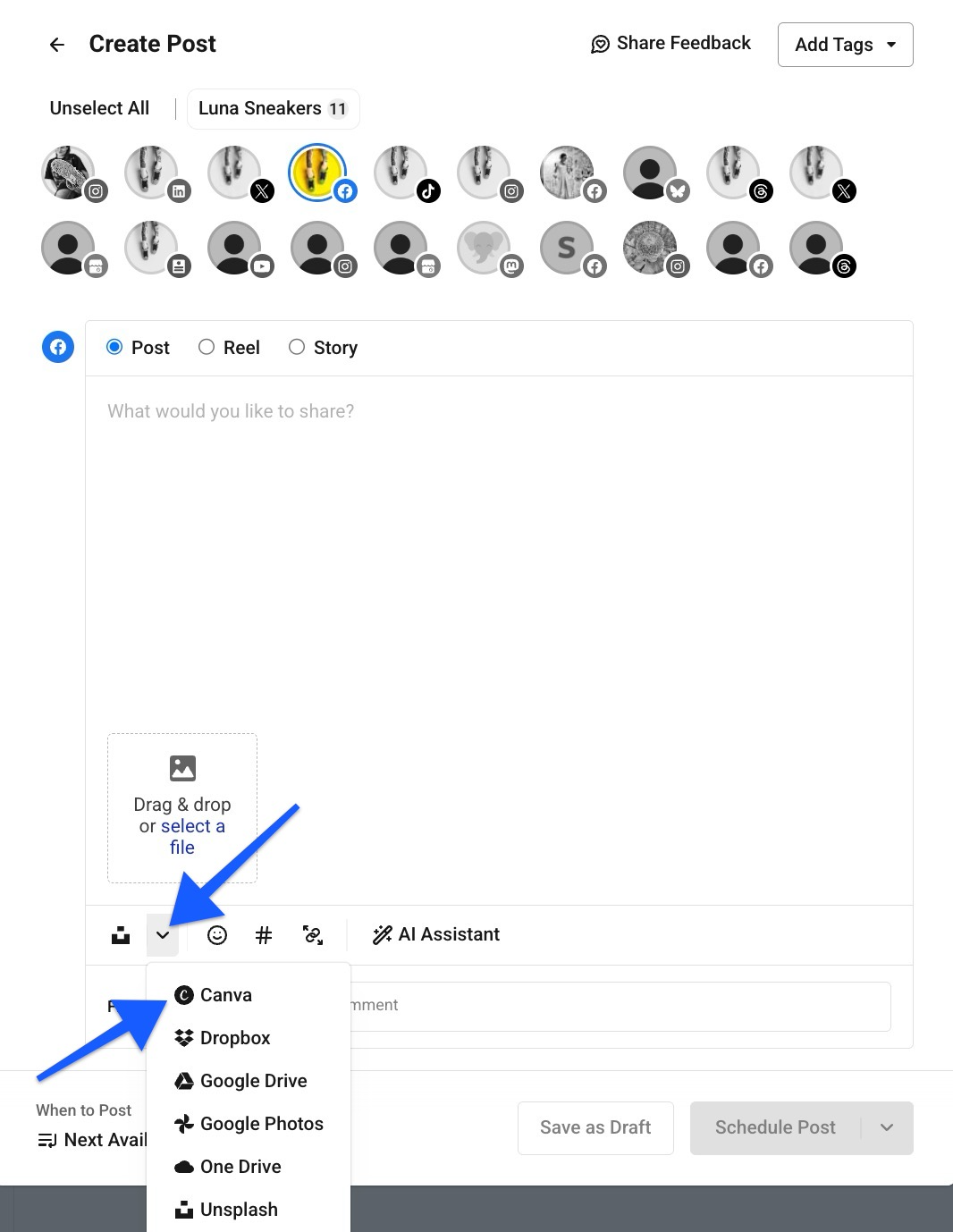 Alt text: Buffer composer with arrows pointing to the media upload menu and its dropdown options, including Canva, Dropbox, Google Drive, and Unsplash.