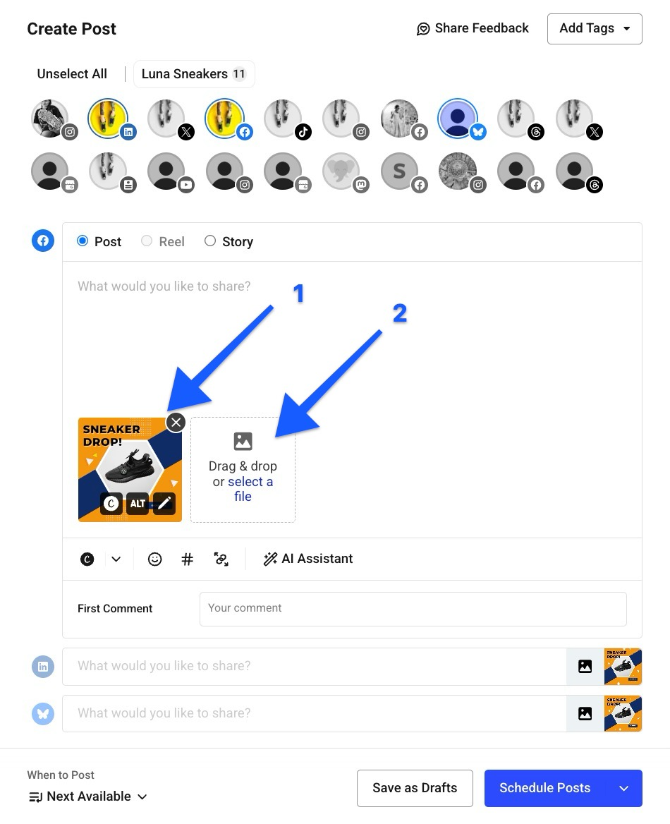 Alt text: Buffer composer with a sneaker promo image uploaded and arrows pointing to the uploaded image and the “Drag & drop or select a file” upload area.