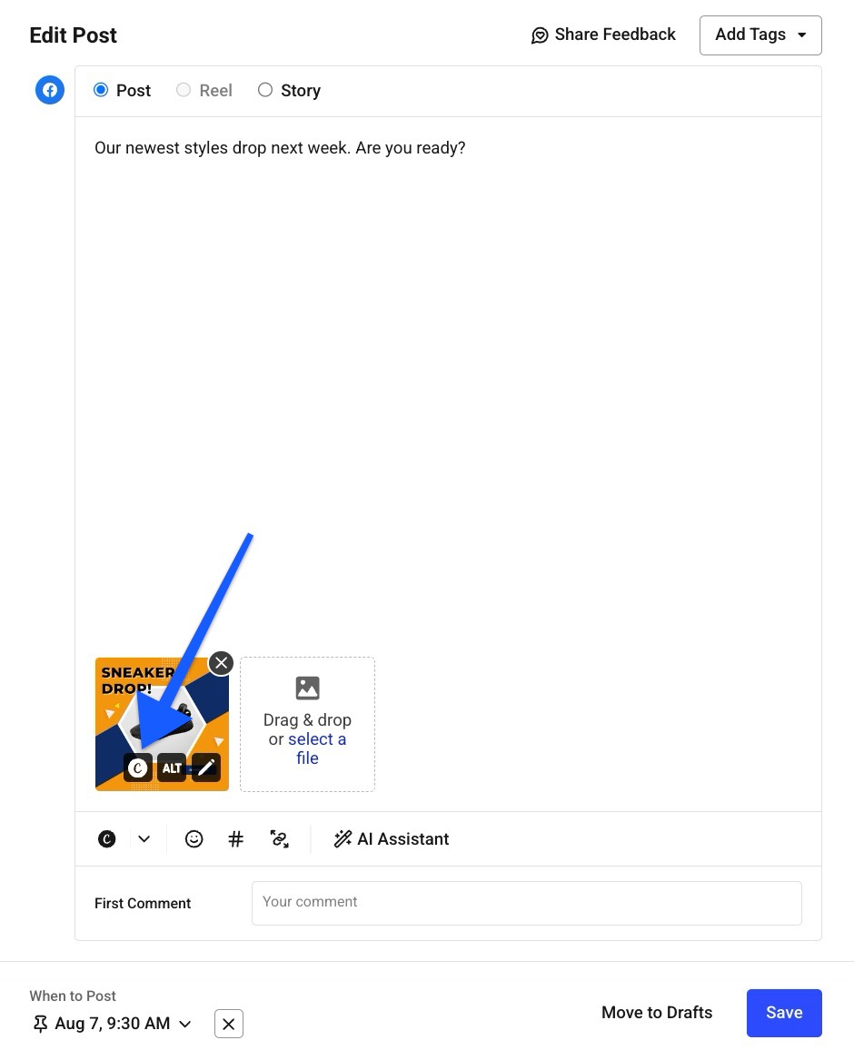 Buffer composer with a sneaker promo image and an arrow pointing to the Canva icon, indicating the image was imported from Canva.