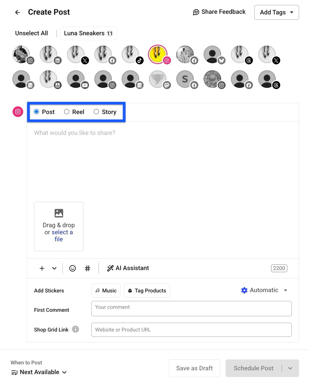 Alt text: Buffer composer with Instagram selected and “Post,” “Reel,” and “Story” options highlighted above an empty caption field.