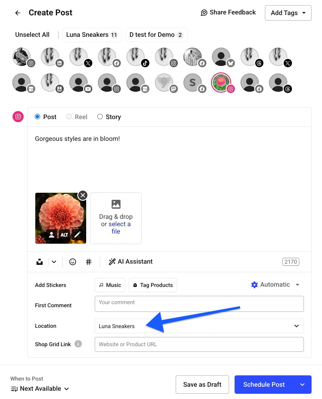 Alt text: Buffer composer with an Instagram post draft, flower image, and an arrow pointing to the “Location” field set to Luna Sneakers.