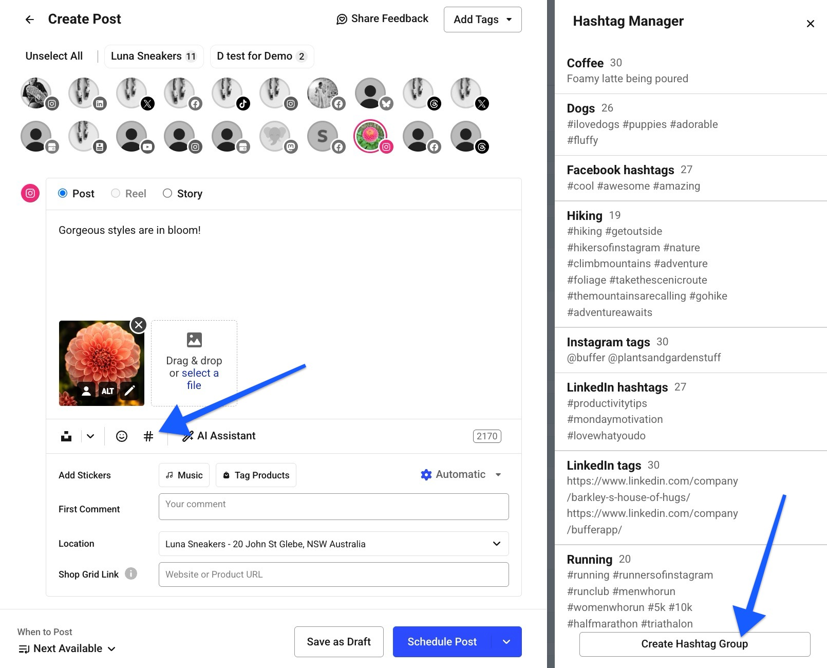 Alt text: Buffer composer with Instagram post draft and Hashtag Manager open. Arrows point to the hashtag button and “Create Hashtag Group” option.