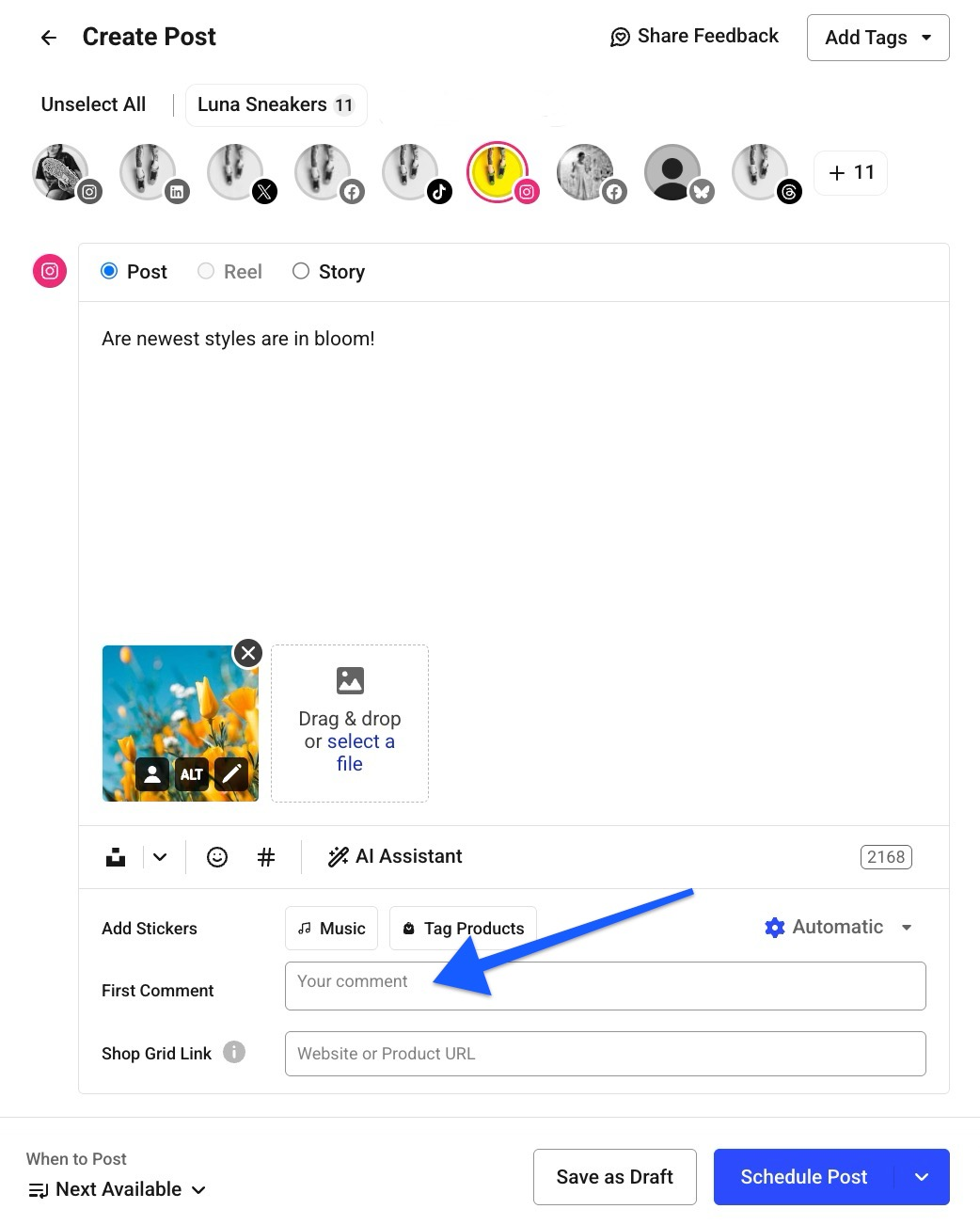 Alt text: Buffer composer with an Instagram post draft, flower image, and an arrow pointing to the “First Comment” field below the caption box.