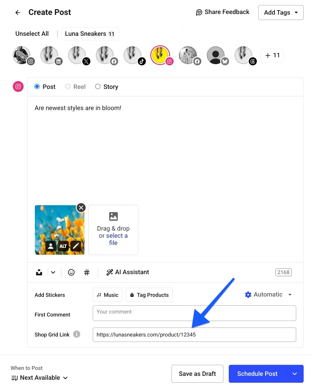 Alt text: Buffer composer with an Instagram post draft, flower image, and an arrow pointing to the “Shop Grid Link” field containing a product URL.