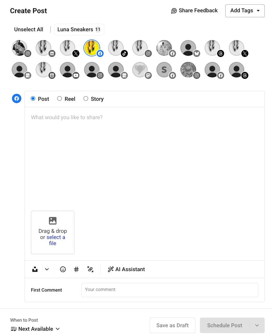 Buffer composer with Facebook selected