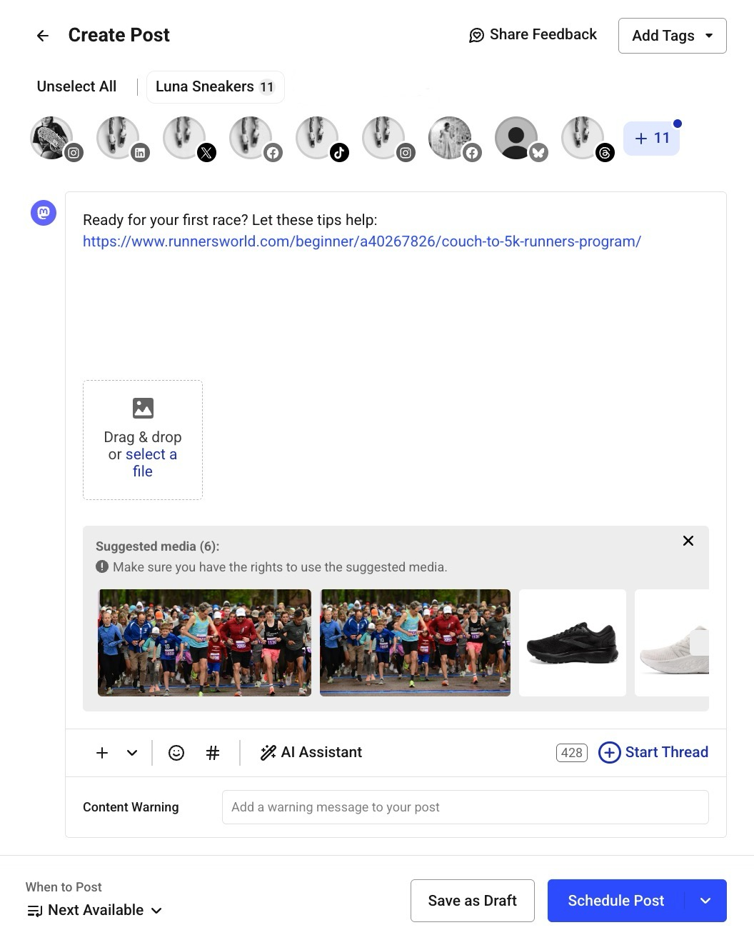 Alt text: Buffer composer with a Mastodon post draft linking to a running guide, showing suggested media images of runners and sneakers below the text box.