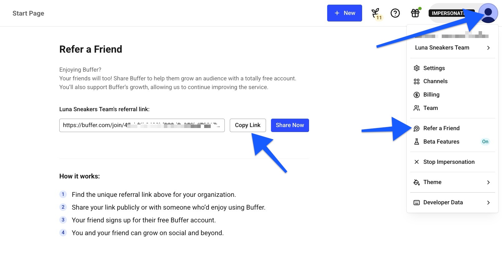 Buffer Account Settings - Refer a friend