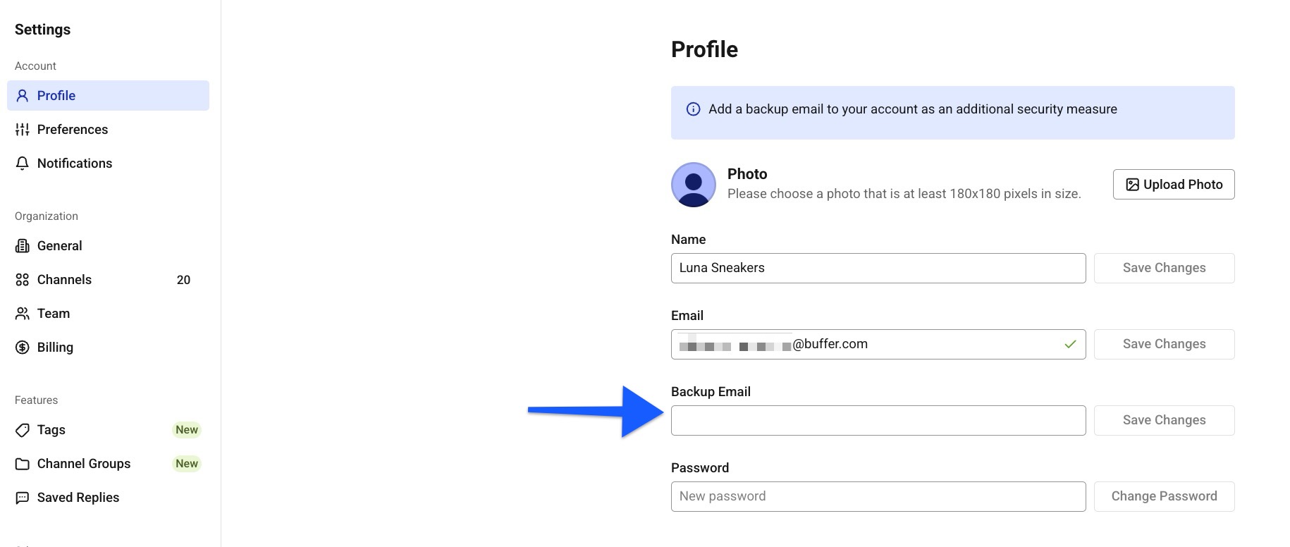 Buffer account settings - adding a backup email